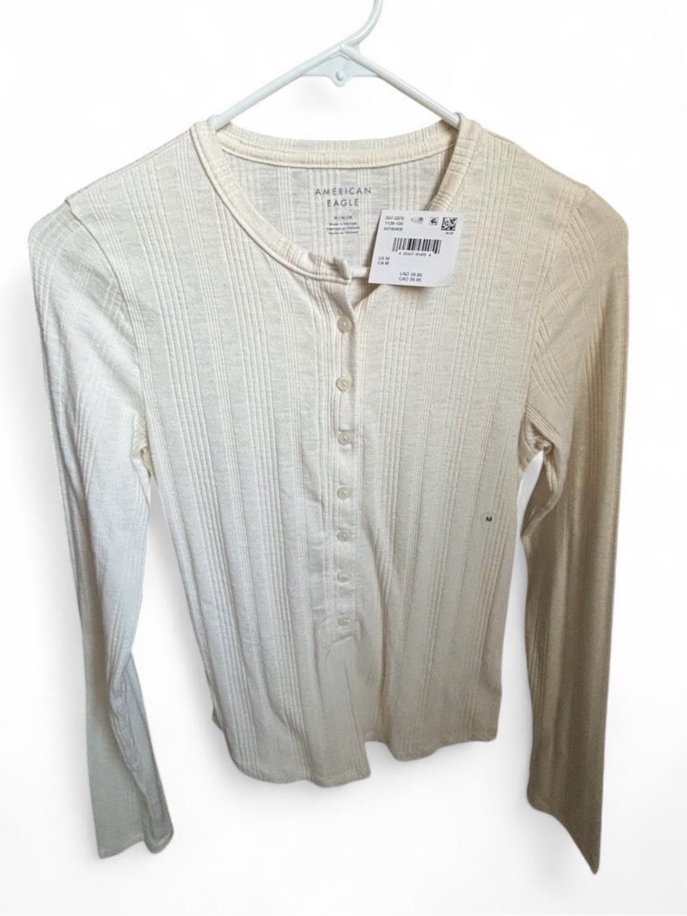 American Eagle Outfitters Cream Ribbed Button-Front Long Sleeve Top